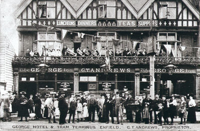 George Hotel and tram terminus, 1910
Copy of a postcard. Queue of people perhaps waiting for a tram, or some special event. There is a brass band on the balcony.
Keywords: 1910s;pubs;bands