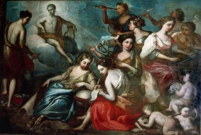 Arnos Grove mural
Julius Caesar is sitting on a cloud holding a lyre and surrounded by the nine muses.
Keywords: murals;paintings;Caesar;Lanscroon