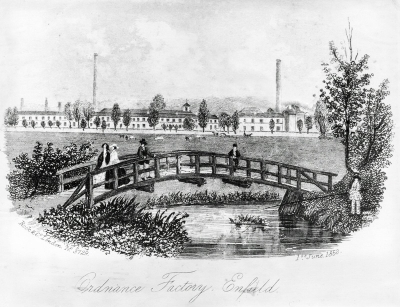 Ordnance factory, Enfield
An engraving dated 1st June 1858, which was published in [i]Historical, topographical and statistical notices of Enfield ... containing also brief biographical notices of distinguished persons who formerly resided in the parish ... Compiled ... by J. Tuff. - Enfield : 1858.[/i]
Keywords: factories;Royal Small Arms Factory;industry;RSAF;engravings