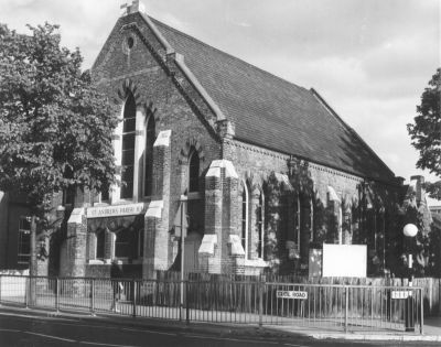 St Andrew's parish hall
At the corner of Cecil Road and Sydney Road. Built in 1864 as the first permanent church of the Wesleyan Methodists and used by them until they moved in 1890 to their new stone-faced church by the New River at the end of the town. The original church ws built on a plot of land given by a Wesleyan - a grocer named Henry Cave - who had a shop at the corner of Sydney Road (a site occupied by a bank in 1980). He also subscribed to the building of the church. In the shop next to his was John Tuff, a chemist (an apothecary) and friend of Charles Lamb. When the Wesleyans moved, the church was sold to the National Schools for £1000. It was later sold by them to St Andrew's Church, who used it, together with the outbuildings at the rear, as a parish hall for sunday schools until they moved to their new premises and school in Churchbury Lane. It was then sold to the Borough Council and demolished by them in 1979 to make an extension to the car park.  
