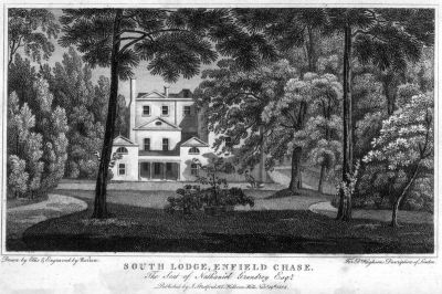 South Lodge, Enfield Chase
The seat of Nathaniel Grundrey Esq. Published by I. Stratford, 112 Holborn Hill, November 19th 1808. Drawn by Ellis and engraved by Warren. For Dr Hughson's [i]Description of London[/i]
Keywords: 1800s;historic buildings;gardens;engravings