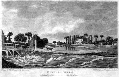 Enfield Wash
Published by I. Stratford, 112 Holborn Hill, October 29th 1808. Drawn by Ellis and engraved by Sparrow. For Dr Hughson's Description of London
Keywords: 1800s;bridges;engravings;rivers and streams;horse-drawn vehicles;cattle