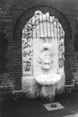 Drinking fountain in the walled garden, Pymmes Park
Carved with a fish-tailed dragon(?) in a surround of seaweed, fishes and shells. There appears to be a more modern button or drain cover in the ground in front of it.  Does it still work? Who carved it? When? Why?
Keywords: fountains;sculpture