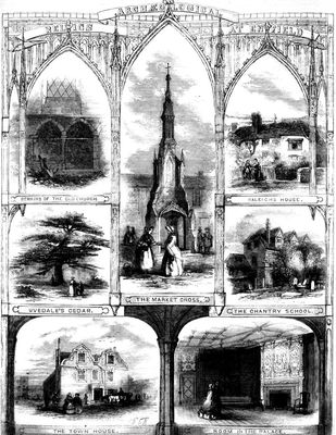 Archaeological relics at Enfield
An engraved plate from [i]The illustrated London news[/i], November 13th, 1858, illustrating seven features of historic interest around Enfield Town: 1. Remains of the old church; 2. Raleigh's house; 3. Uvedale's cedar; 4. The market cross; 5. The chantry school; 6. The Town House; 7. Room in the Palace. The text on the reverse, page 449, contains a report (truncated) of a meeting of the London and Middlesex Archaeological Society held in Enfield on 20th October 1858.
Keywords: engravings;market crosses;trees;schools;Tudor Room;houses