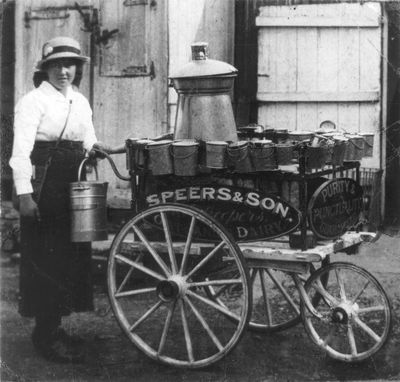 Speers & Son milk delivery barrow
Sign on the side of the barrow reads "SPEERS & SON. / ...keepers / OATLANDS DAIRY" and the sign on the front reads "PURITY & PUNCTUALITY GUARANTEED". The first part of the work "...keepers" is obscured by the wheel - does anyone know what it would be?
Keywords: commercial vehicles;milk;dairies