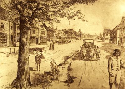 Enfield in the 16th century
Drawing, signed "Sherie". Inscribed in the margin "St. Andrew's Church, Enfield" "Presented by The Rev. Geo. H. Culshaw ..."
Keywords: 16th century;cattle;deer;George Inn;Greyhound Inn;ox-carts