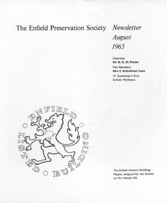 EPS Newsletter, 1965 - August
Showing design for listed building plaque
Keywords: 1960s;Enfield Preservation Society;EPS;logos;newsletters;EP1