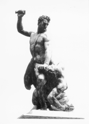 Statue of Samson defeating a Philistine.
Approx 12 metres north-west corner of terrace at Trent Park. Circa 1700 by Nost after da Bologna; brought in mid 1920s to Trent Park from Stowe, Bucks by Sir Philip Sassoon. Lead statue on ashlar plinth. Rectangular panelled plinth with moulded base and cornice supports statue. - From [url]http://list.english-heritage.org.uk/resultsingle.aspx?uid=1241066[/url]
Keywords: 16th century;Grade II listed;sculpture;statues
