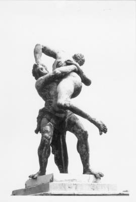 Statue of Hercules wrestling with Autaeus
Approx 20 metres north-east corner of terrace at Trent Park.
Circa 1700 by Nost after da Bologna; mid 1920s brought to Trent Park from Stowe, Bucks, by Sir Philip Sassoon. Lead statue on ashlar plinth. Rectangular plinth with moulded base and cornice supports statue. - From [url]http://list.english-heritage.org.uk/resultsingle.aspx?uid=1079463[/url]
Keywords: 16th century;Grade II listed;sculpture;statues