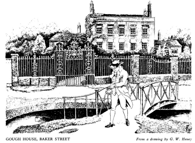 Gough House, Baker Street
Bridge across the old course of the New River in the foreground. From a drawing by G. W. Heney, reproduced on the front cover of the [i]Journal of the Western Enfield Residents' Association[/i] vol.17, no.3, 3rd quarter 1965.
Keywords: engravings;demolished buildings;fencing;gateways;railings;bridges;New River