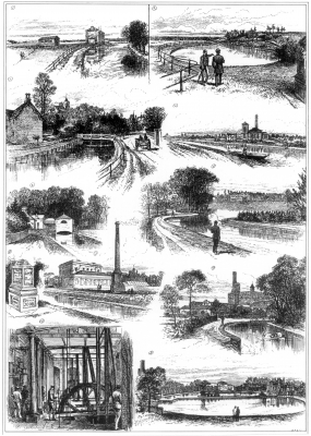 Scenes of the New River
Engraving from the [i]Illustrated London News[/i], 17th May 1884, showing scenes along the New River. 1. Chadwell Springs, Ware. 2. New River Gauge, Hertford. 3. Footbridge, Amwell. 4. Turnford pumping station, Cheshunt. 5. Behind Theobalds House. 6. Sluice House, Bush Hill Park. 7 Hornsey pumping station. 8. Stone at Chadwell Springs. 9. The Castle pumping station, Green Lanes. 10. Engine room in the pumping station. 11. New River Head, Sadlers Wells. - [i]Fighting for the future[/i], page 167.
Keywords: engravings;New River;pumping stations;water supply;LP2
