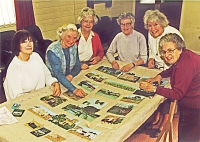 Presentation of wall hanging, 1996
The Enfield Branch of the Embroiderers' Guild presented a wall hanging illustrating the work of the Enfield Preservation Society at an exhibition [i]A panorama of preservation[/i] held at Forty Hall in June 1996. Each panel was worked by a different member of the Guild, so more people contributed than the six representatives shown here.
Left to right: Barbara West, Monica Sculpher, Muriel Evans, Mary Jenkins, Mary Naylor, Beryl Clarke. 
Keywords: 1990s;Enfield Preservation Society;exhibitions;events;EP1
