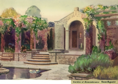 Garden of remembrance, Broomfield Park
Apparently a reproduction of a watercolour painting, artist unknown, perhaps cut from a calendar.
Keywords: gardens;memorials;fountains;paintings