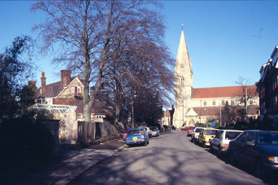 Windsmill (on left) and St Mary Magdalene's church, from Old Park Road, 1988
Keywords: 1980s;houses;churches