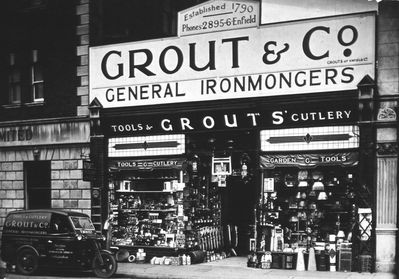 Grout & Co. shop front
General ironmongers, established 1790. In Southbury Road, with Lloyds Bank on the left, now occupying the shop site.
Keywords: shops;retail