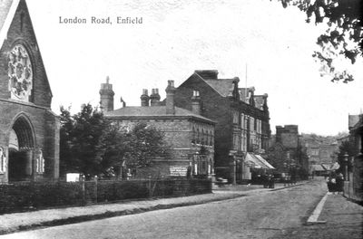 London Road, Enfield
Copy of a postcard. Does anyone know the date, location and direction of this picture, and the name of the church on the left?
Keywords: churches;roads and streets
