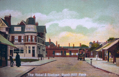 The hotel and station, Bush Hill Park
Keywords: hotels;rail transport;postcards;railway stations