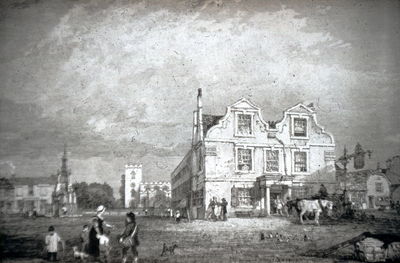 Enfield 1827
Greyhound Inn and marketplace. Print of Enfield, drawn by Clarkson Stanfield, engraved by George Cooke, 1827.
Keywords: pubs;market places
