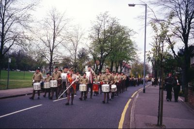 St. George's Day parade, 1991
Parade marching towards Christ Church, led by Boy Scouts band.
Keywords: 1990s;bands;uniforms;events;Boy Scouts