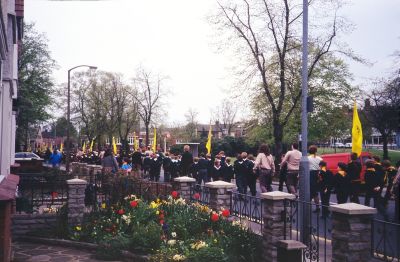 St. George's Day parade, 1991
Parade of Boy Scouts towards cenotaph (war memorial)
Keywords: 1990s;bands;uniforms;events;Boy Scouts;flags