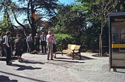 Dedication of seat at Library Green
In 1990, inspired by the Preservation Society, Enfield Council and British Telecom co-operated in an Environment Week which made a dramatic improvement to a corner of the Library Green. - [i]Fighting for the future[/i], p.200. 
Keywords: 1990s;seats;events
