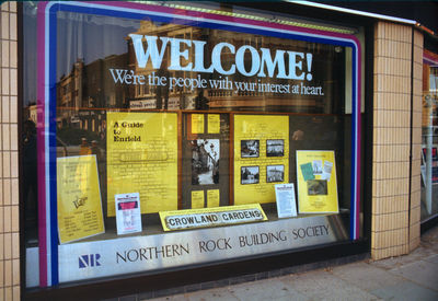 Launch of "A guide to Enfield street names" : window display
Display in window of Northern Rock Building Society
Keywords: Enfield Preservation Society;books;window displays