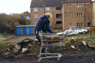 Clearing litter at Rangers Boys' Club, Carterhatch Lane, 1983
Hilda Dollery, member of EPS Council of Management and secretary of the Enfield Lock Village Clean-up Campaign, with a trolley of collected litter.
Keywords: 1980s;litter;LP1